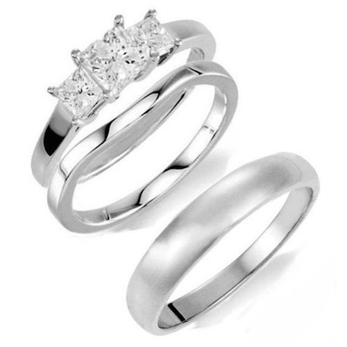Princess Cut Traditional 3 Stone His  Hers Wedding Ring Set in 14K ...