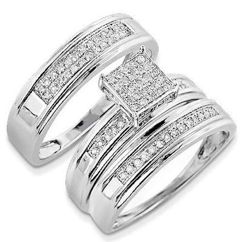 Silver 0.32k Diamond Trio Wedding Ring Sets for Him and Her